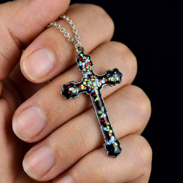 Vintage Enamel Sterling Silver Engraved Cross Necklace - Boylerpf