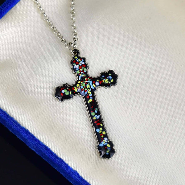 Vintage Enamel Sterling Silver Engraved Cross Necklace - Boylerpf