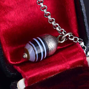 Vintage Silver Banded Agate Acorn Charm Pendant Necklace - Boylerpf