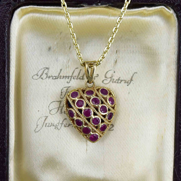 Vintage 14K Gold Filigree Ruby Sapphire Heart Pendant Necklace - Boylerpf