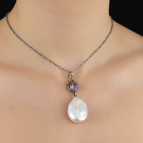 Antique Sterling Silver Amethyst Baroque Pearl Necklace