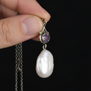 Antique Sterling Silver Amethyst Baroque Pearl Necklace - Boylerpf