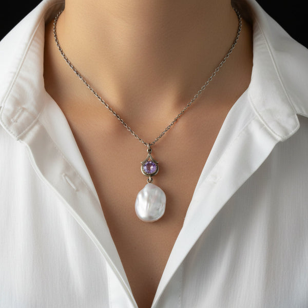Antique Sterling Silver Amethyst Baroque Pearl Necklace
