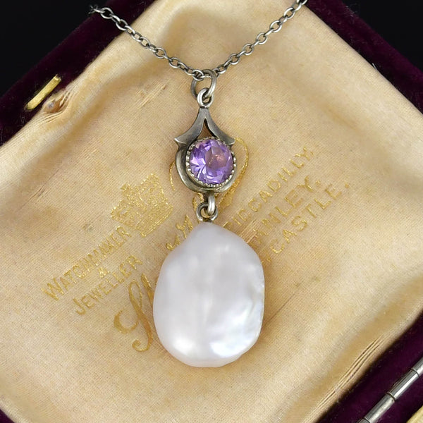 Antique Sterling Silver Amethyst Baroque Pearl Necklace