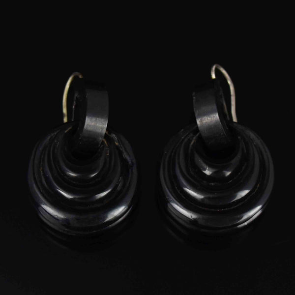 Antique Victorian Carved Circular Whitby Jet Drop Earrings - Boylerpf