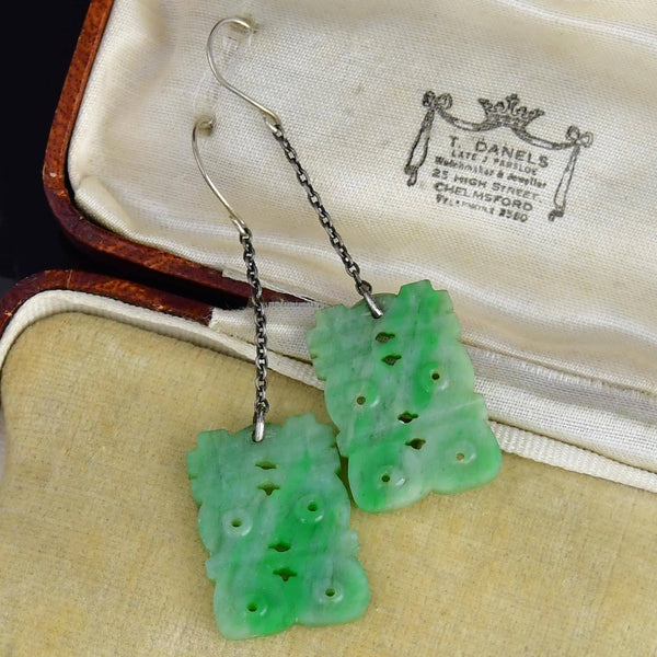 Vintage Carved Jade Zodiac Silver Chain Drop Earrings - Boylerpf