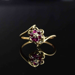 Vintage 10K Gold Diamond Ruby Flower Cluster Ring - Boylerpf