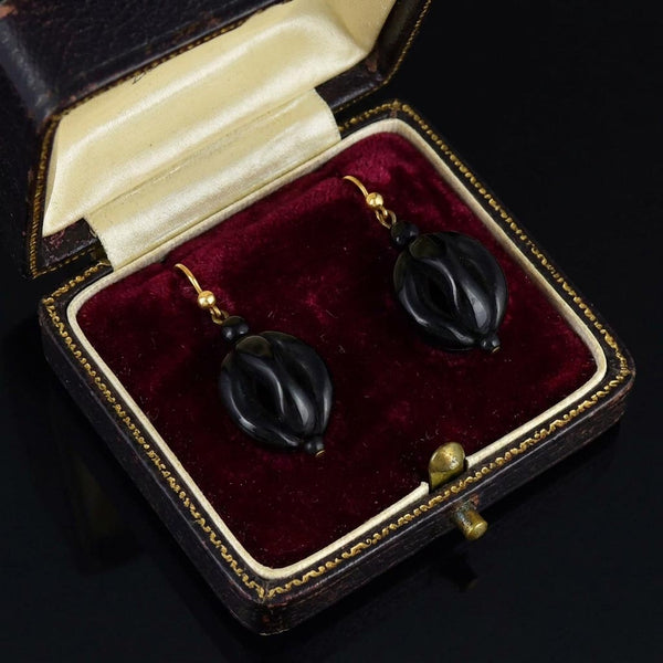 9K Gold Antique Victorian Whitby Jet Ball Earrings