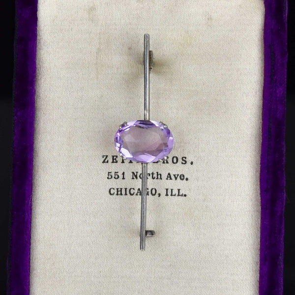 Art Deco Amethyst 935 Silver Bar Brooch