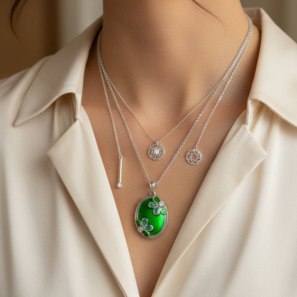 Vintage Green Enamel Emerald Floral Sterling Silver Necklace