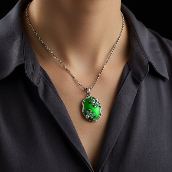 Vintage Green Enamel Emerald Floral Sterling Silver Necklace