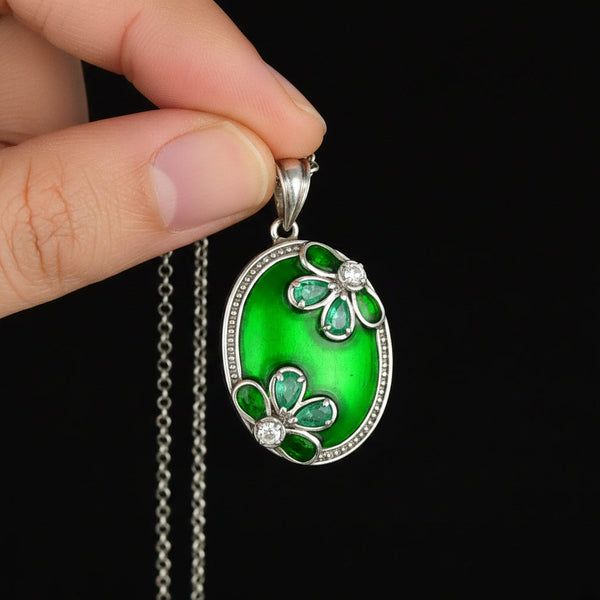 Vintage Green Enamel Emerald Floral Sterling Silver Necklace