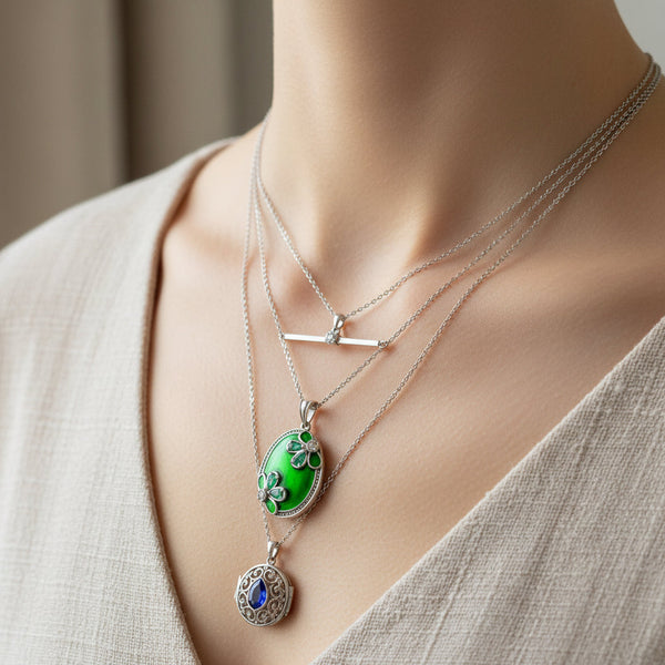 Vintage Green Enamel Emerald Floral Sterling Silver Necklace