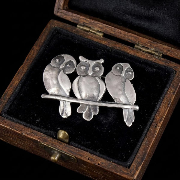Vintage Three Wise Owls Sterling Silver Brooch