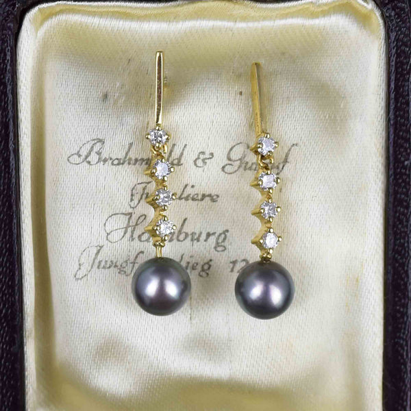 Fine 14K Gold Diamond Gray Pearl Dangle Earrings - Boylerpf