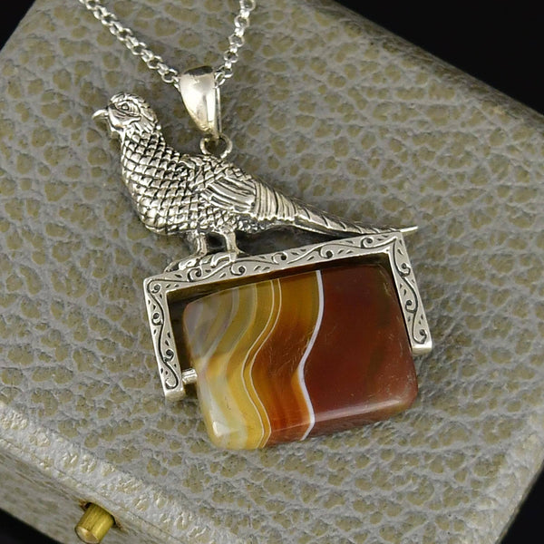 Sterling Silver Pheasant Banded Agate Spinner Fob Necklace