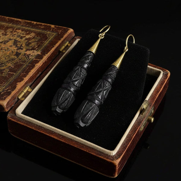 Antique Victorian 9K Gold Whitby Jet Dangle Earrings - Boylerpf