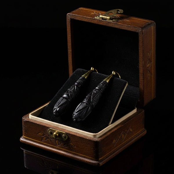 Antique Victorian 9K Gold Whitby Jet Dangle Earrings - Boylerpf