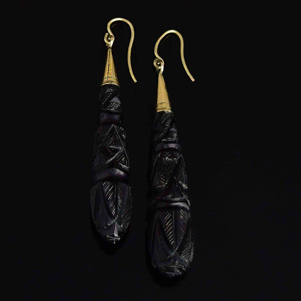Antique Victorian Gold Carved Whitby Jet Earrings - Boylerpf