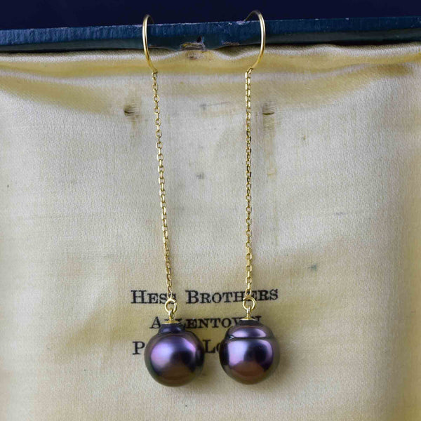 Vintage 14K Gold Black Pearl Threader Earrings - Boylerpf