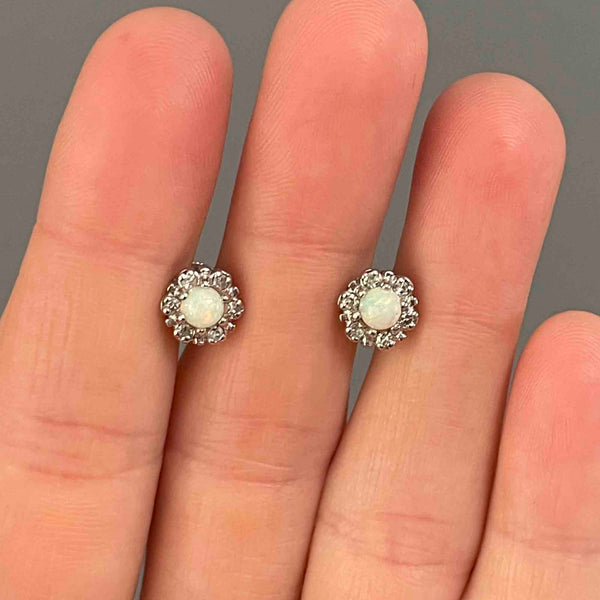 Vintage 14K White Gold Diamond Halo Opal Stud Earrings - Boylerpf