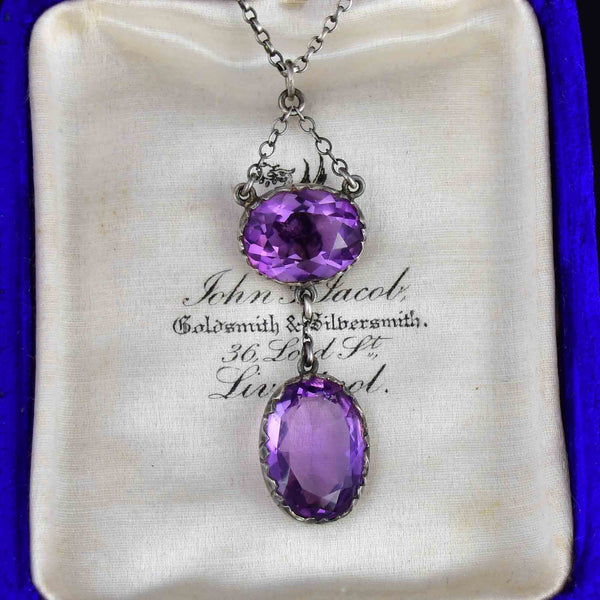 Antique Edwardian Silver 5.5 CTW Amethyst Drop Pendant Necklace - Boylerpf