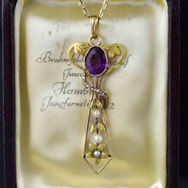 Antique Art Nouveau Gold Amethyst Pearl Cross Lavaliere Necklace - Boylerpf