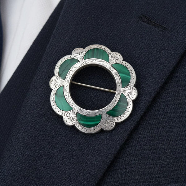 Victorian Scottish Sterling Silver Malachite Brooch
