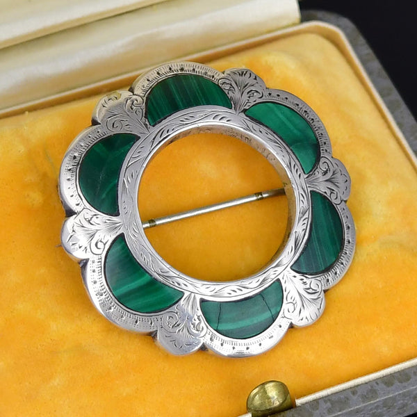 Victorian Scottish Sterling Silver Malachite Brooch