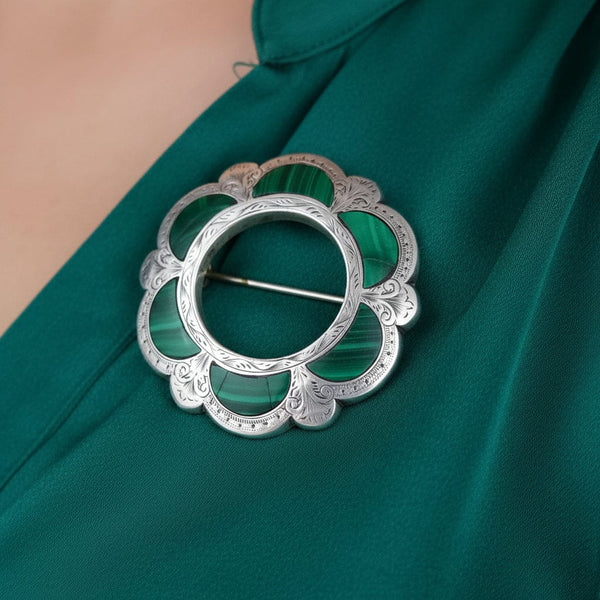 Victorian Scottish Sterling Silver Malachite Brooch