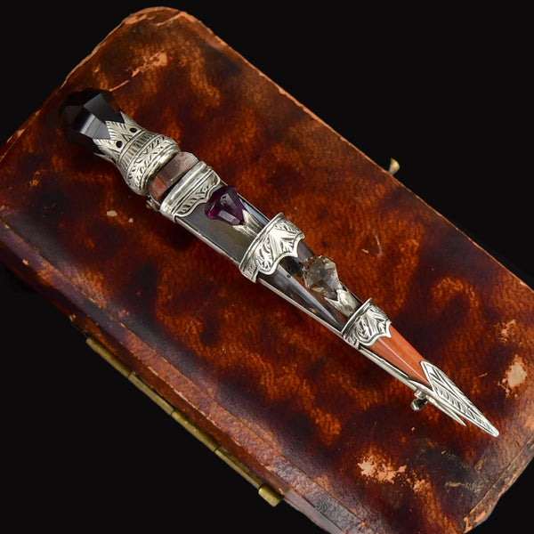 Victorian Scottish Agate Smoky Quartz Dirk Brooch