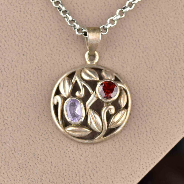 Vintage Silver Floral Amethyst Garnet Pendant Necklace - Boylerpf