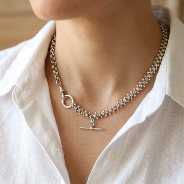 Antique Victorian Sterling Silver Star Engraved Watch Chain Necklace