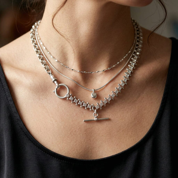 Antique Victorian Sterling Silver Star Engraved Watch Chain Necklace