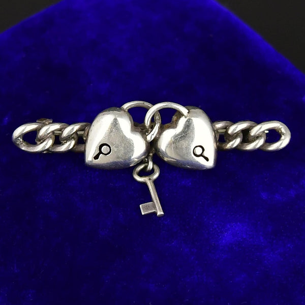 Antique Sterling Silver Heart Padlock Key Brooch - Boylerpf