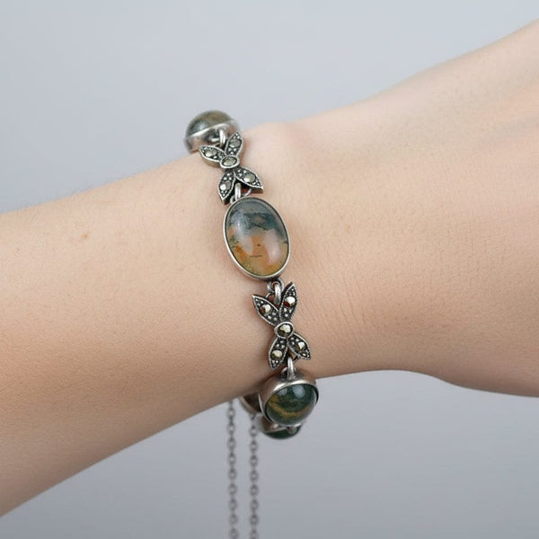 Vintage Moss Agate Marcasite Sterling Silver Bow Link Bracelet - Boylerpf