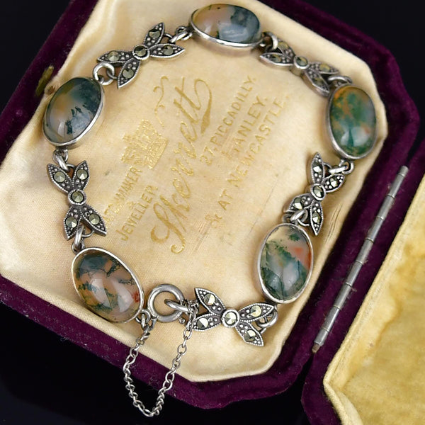 Vintage Moss Agate Marcasite Sterling Silver Bow Link Bracelet - Boylerpf
