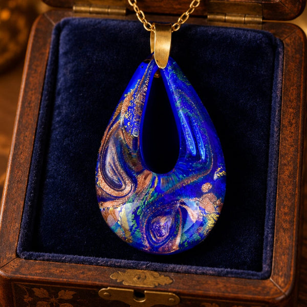 Vintage 9K Gold Blue Murano Glass Necklace