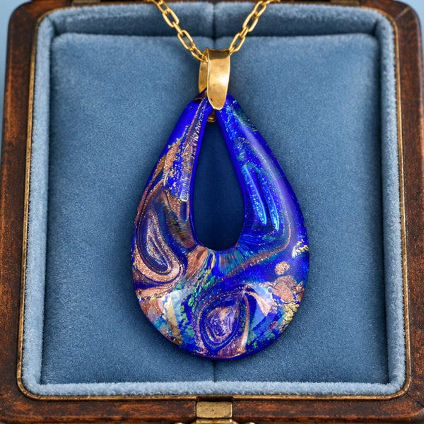 Vintage 9K Gold Blue Murano Glass Necklace