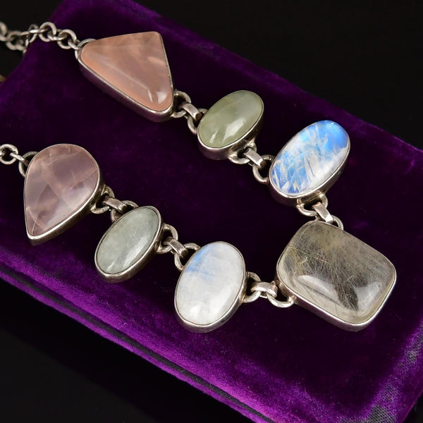 Vintage Silver Green, Rutilated, & Rose Quartz Necklace - Boylerpf