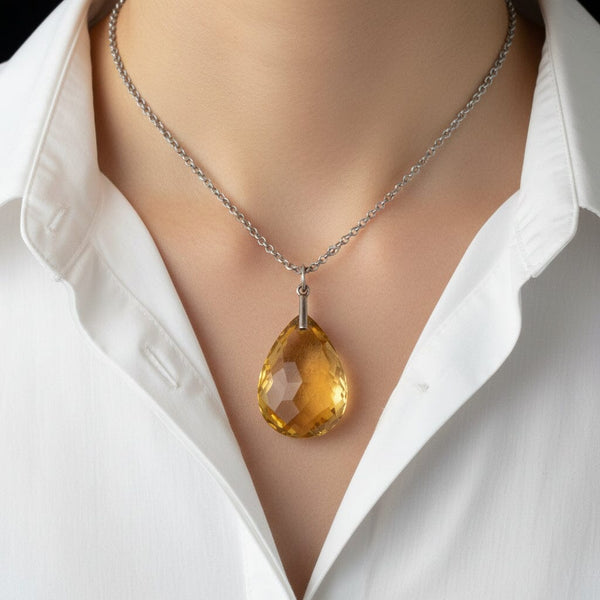 Vintage Sterling Silver Faceted Citrine Teardrop Pendant Necklace - Boylerpf