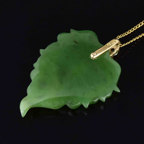 Vintage 9K Gold Carved Jade Leaf Peridot Pendant Necklace - Boylerpf