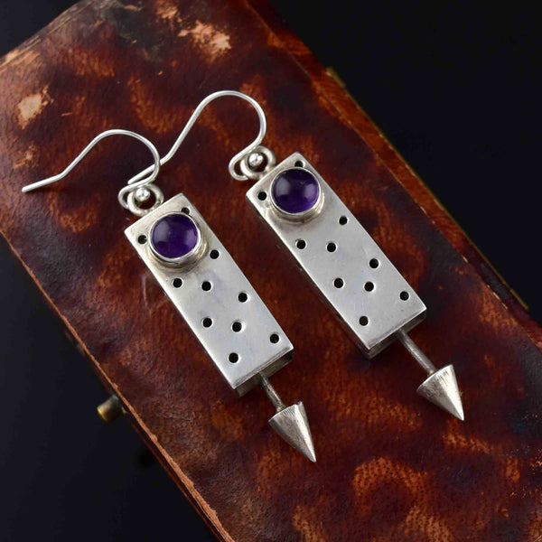 Vintage Geometric Silver Amethyst Cabochon Drop Earrings - Boylerpf