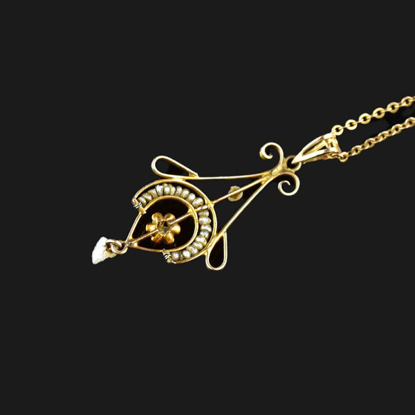 Antique 10K Gold Diamond Pearl Lavalier Necklace - Boylerpf
