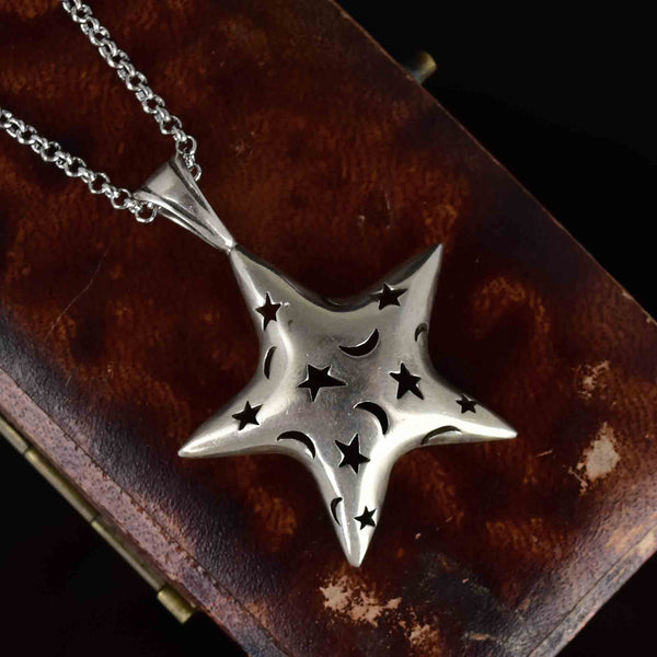 Vintage Sterling Silver Large Stars and Moons Cutout Pendant Necklace - Boylerpf