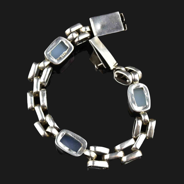 Vintage Sterling Silver Chalcedony Cabochon Link Chain Bracelet - Boylerpf