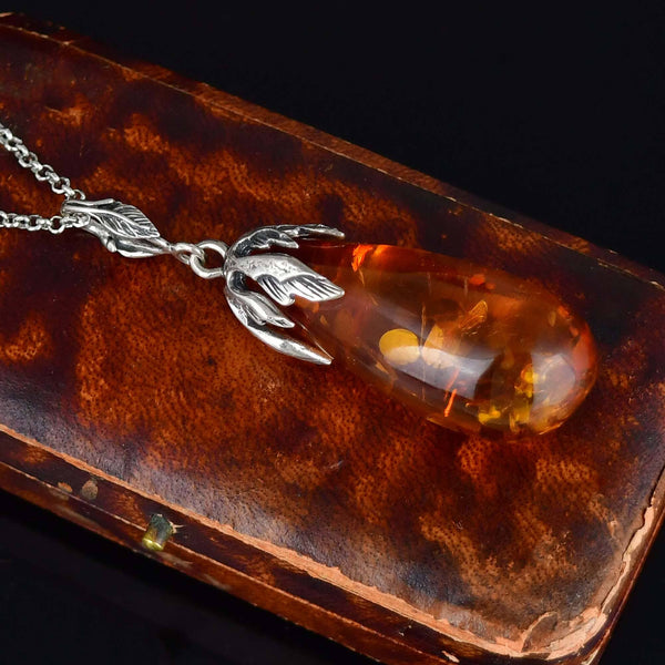 Sterling Silver Vine Leaf Natural Baltic Amber Pendant
