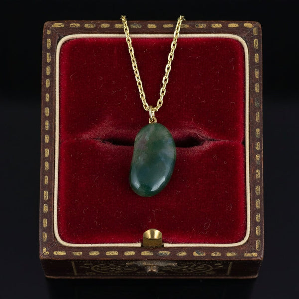 Vintage 9K Gold Moss Agate Lucky Bean Necklace
