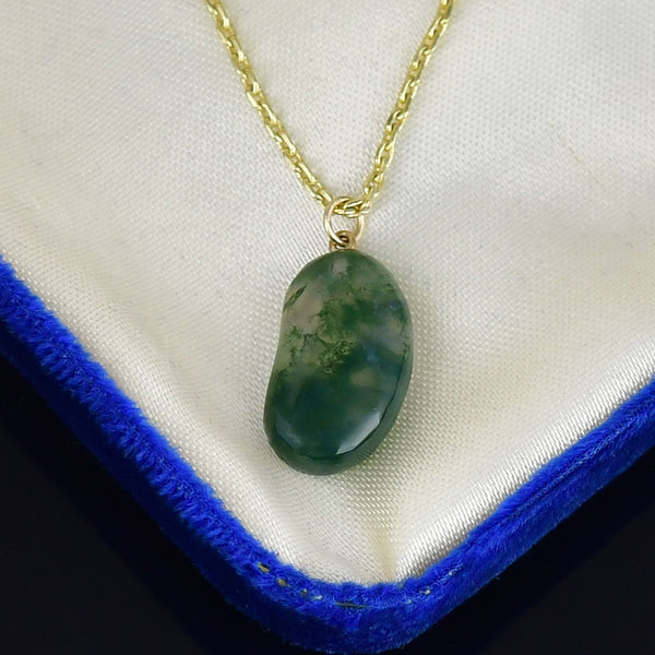 Vintage 9K Gold Moss Agate Lucky Bean Necklace