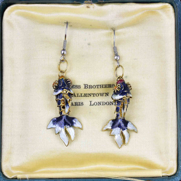 Vintage Gold Vermeil Blue Enamel Koi Fish Earrings - Boylerpf